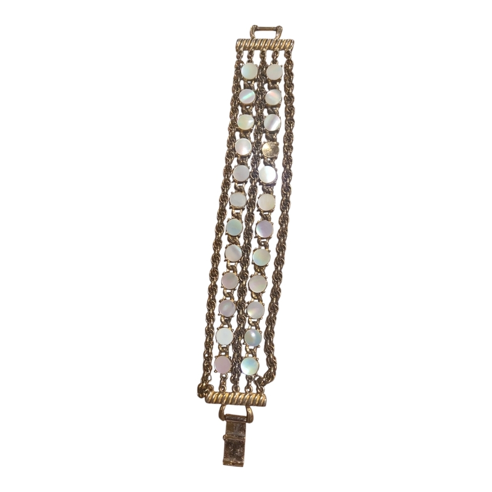 Vintage Signed Coro Multi Strand Mother of Pearl Goldtone Chain Link Bracelet
